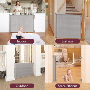 Puerta Retráctil de Seguridad para Bebés y Mascotas con Cierre Automático y Diseño sin Riel Inferior