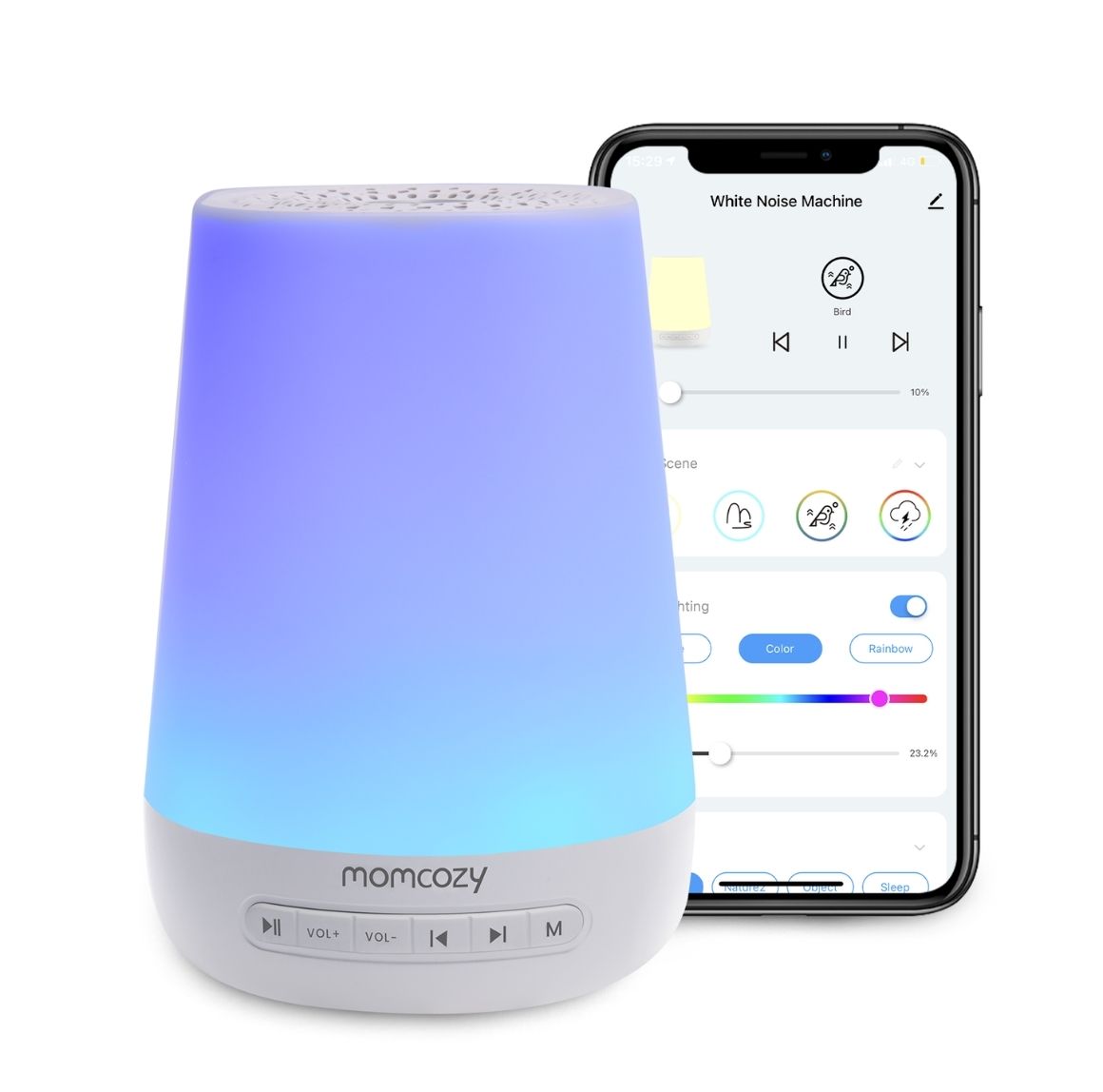DreamSync™ – Máquina de Sonido para Bebé con Luz Nocturna, Ruido Blanco para Dormir, Entrenador de Sueño para Niños.